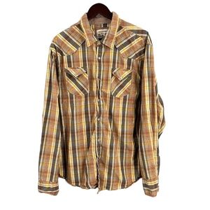 Guess Jeans Vintage Western‎ Shirt Brown Tan Plaid Pattern Pearl Snap XXL
